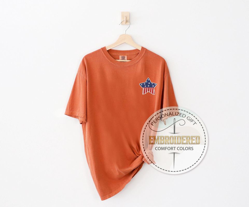 Embroidered Star Pocket Tee, USA Flag Inside Single Star Design