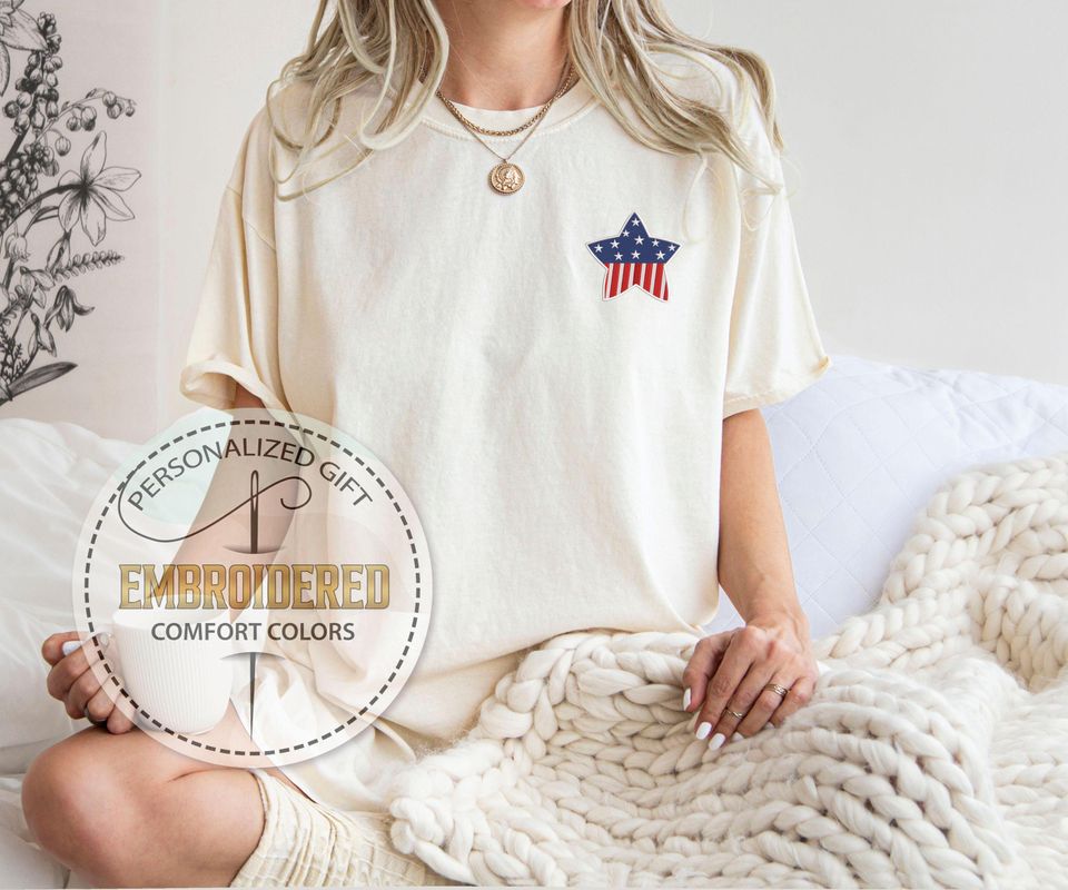 Embroidered Star Pocket Tee, USA Flag Inside Single Star Design
