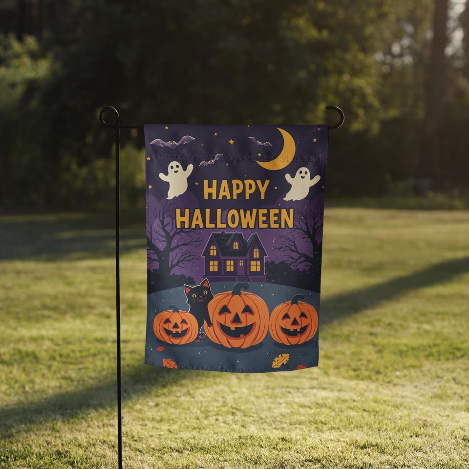 Halloween Garden Flag: Ghosts, Cat, Pumpkins - 12x17 Fall Decor
