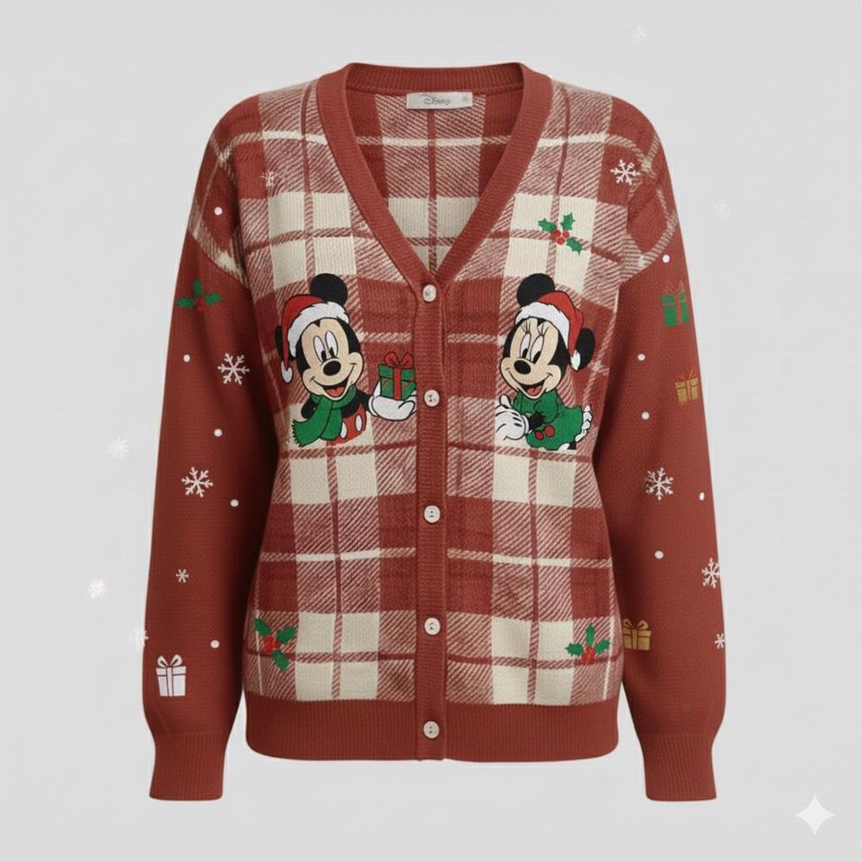 Disney Mickey Mouse Christmas Plaid Cardigan Printed Sweater Cardigan