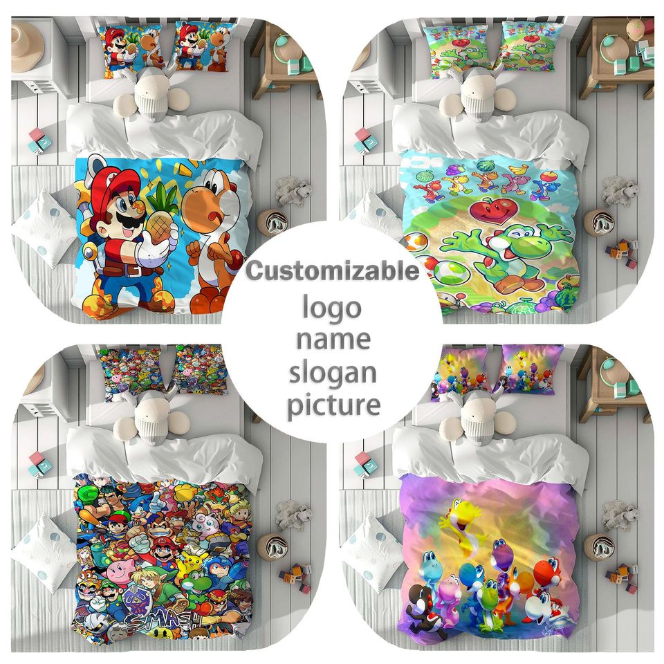 Personalized Name Super Mario Cute Three-Piece Bedding Set, Bedroom Decor, Gifts for Friends
