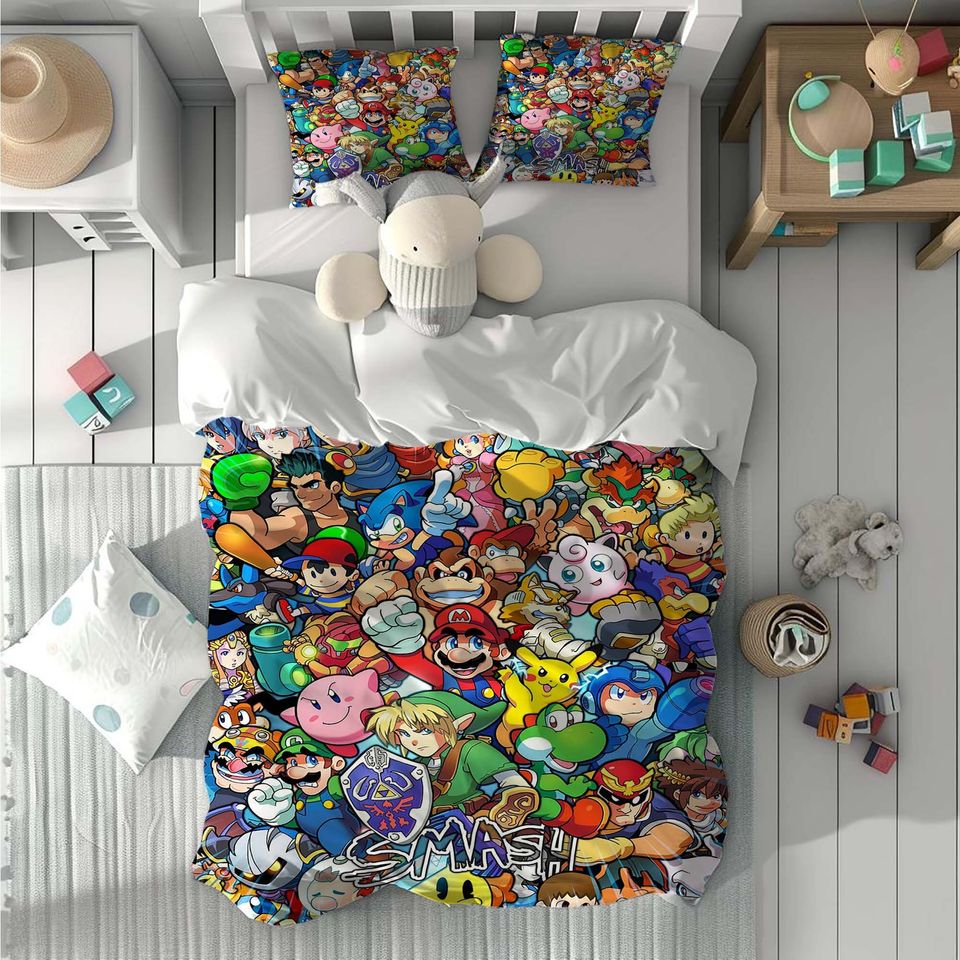 Personalized Name Super Mario Cute Three-Piece Bedding Set, Bedroom Decor, Gifts for Friends