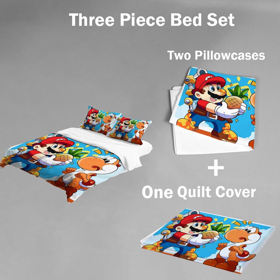 Personalized Name Super Mario Cute Three-Piece Bedding Set, Bedroom Decor, Gifts for Friends