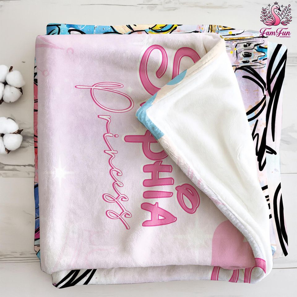 Personalized Watercolor Disneyland Princess Blanket, Castle Coquette Bows Blanket