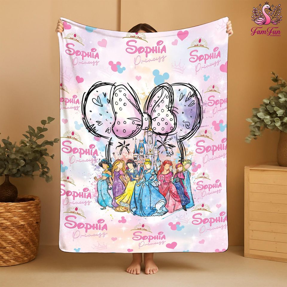 Personalized Watercolor Disneyland Princess Blanket, Castle Coquette Bows Blanket