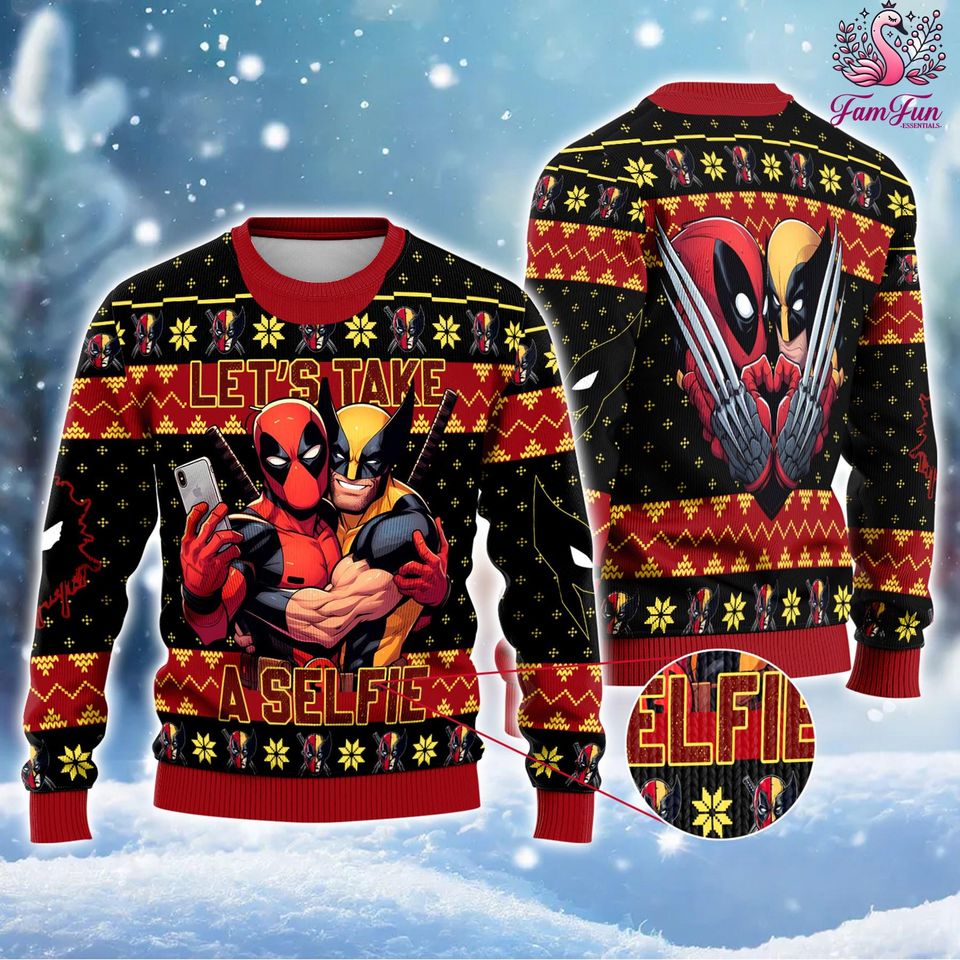 Deadpool and Wolverine Lets Take A Selfie Ugly Christmas Sweater, Deadpool and Wolverine