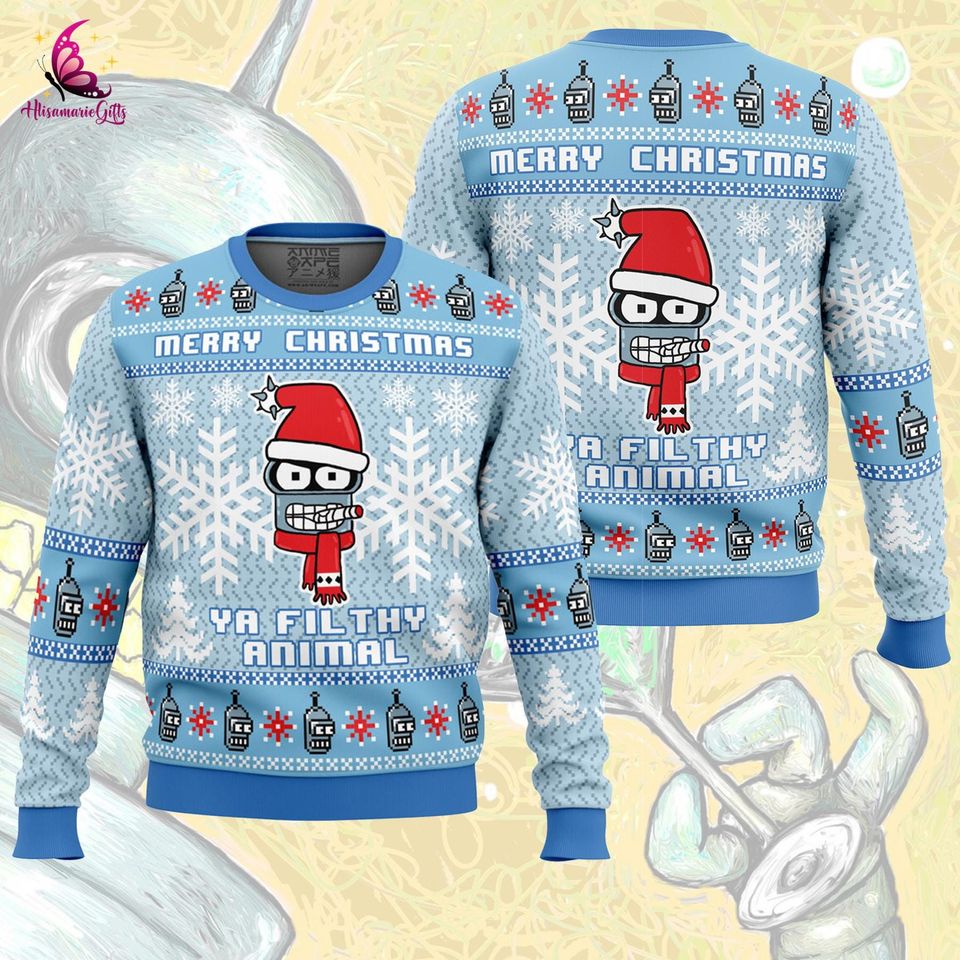 Bender Futurama Christmas Sweater, Merry Christmas Ya Filthy Animal