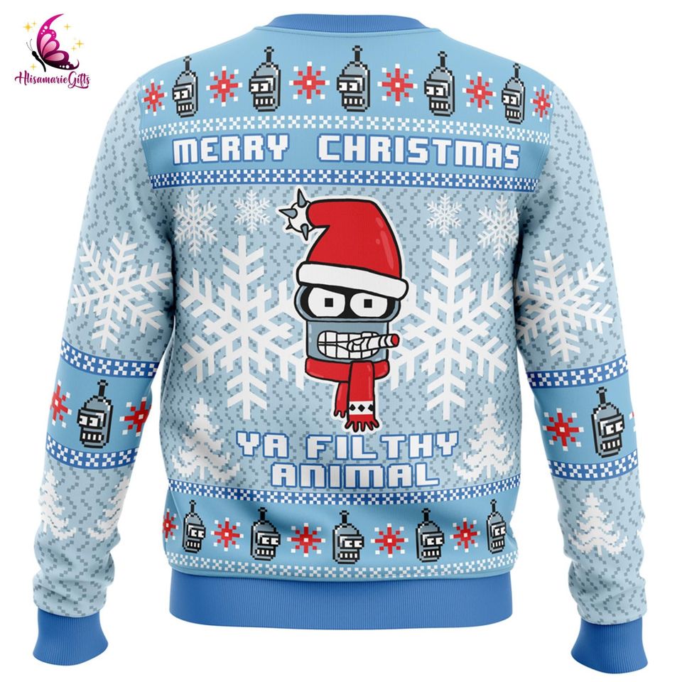 Bender Futurama Christmas Sweater, Merry Christmas Ya Filthy Animal