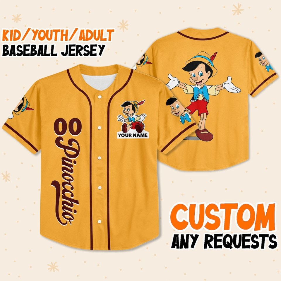 Personalized Disney Pinocchio Yellow Baseball Jersey