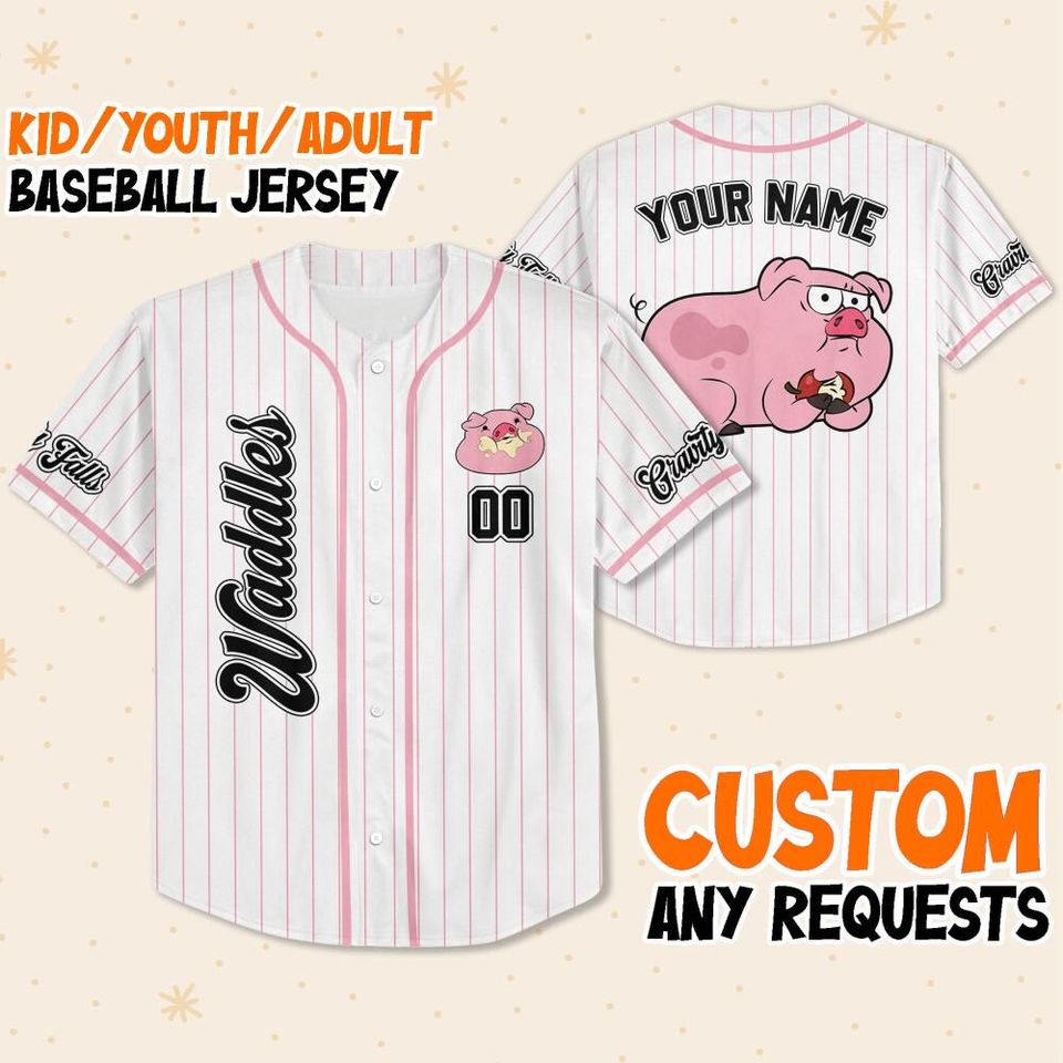 Custom Disney Gravity Falls Waddles Pig, Custom Disneyland Baseball Jersey