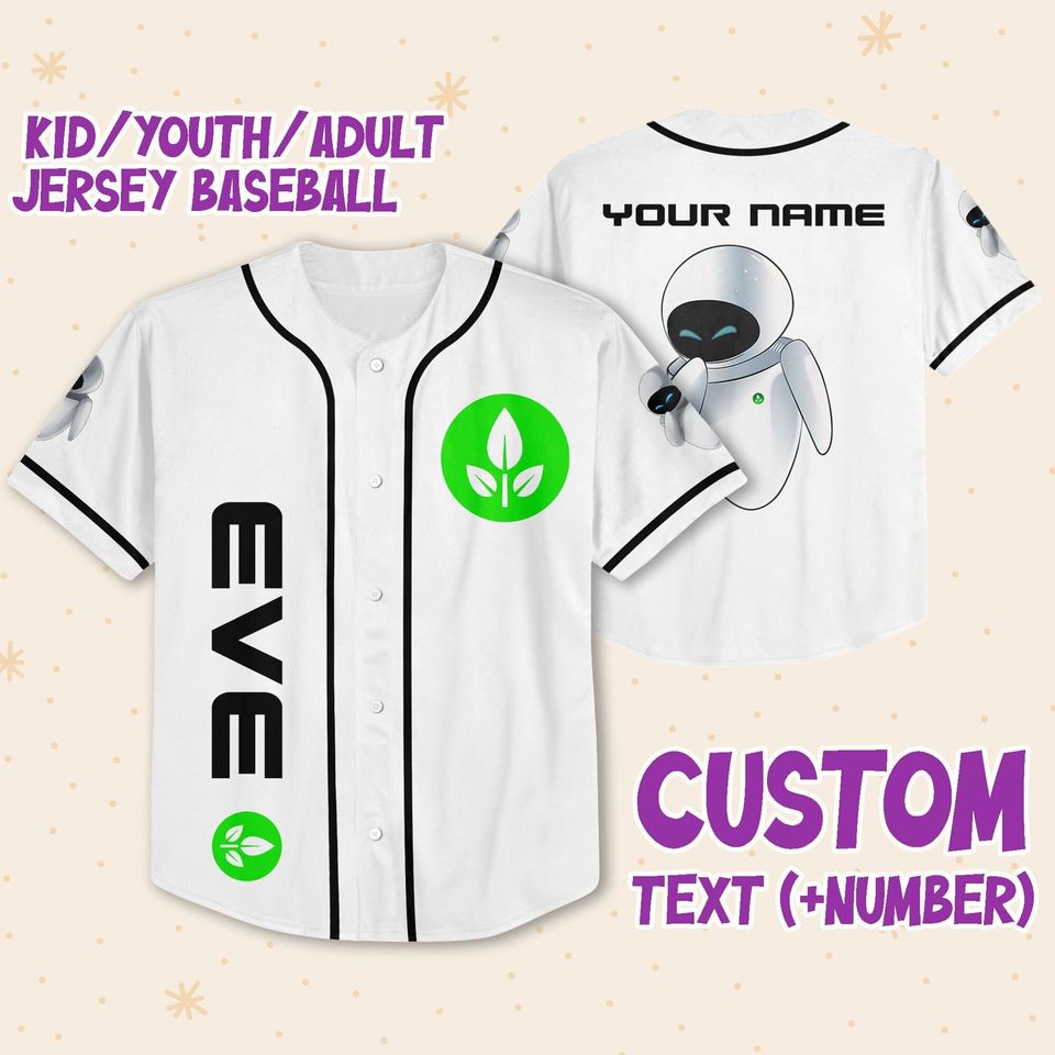 Personalized Disney Pixar WALL-E EVE Leaf Symbol Custom 3D Disney Baseball Jersey