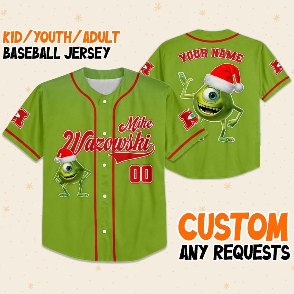 Custom Disney Monster Inc Mike Wazowski Christmas, Personalized Baseball Team Jersey