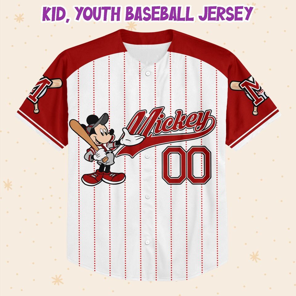 Custom Crimson Mickey Baseball Jersey, Disney Game Day Baseball Jersey