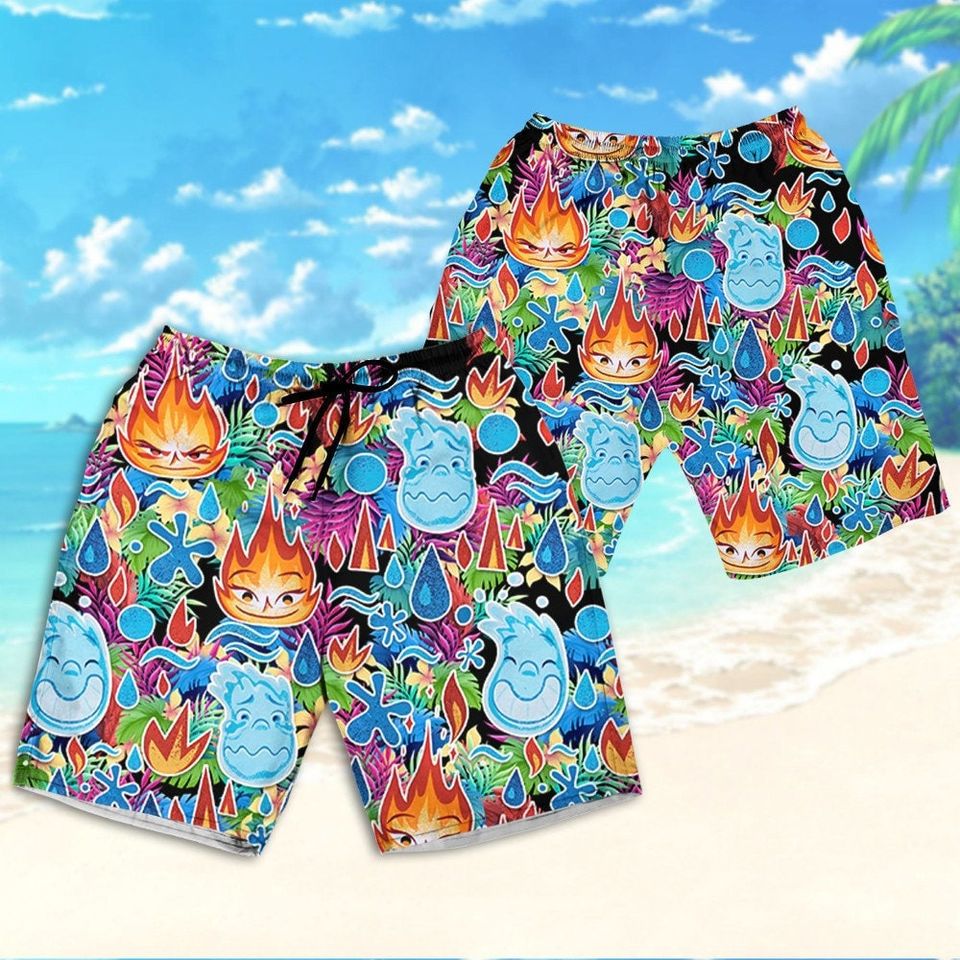 Elemental Ember And Wade Synthwave Summer Floral, Disney Hawaii Shirt and Shorts