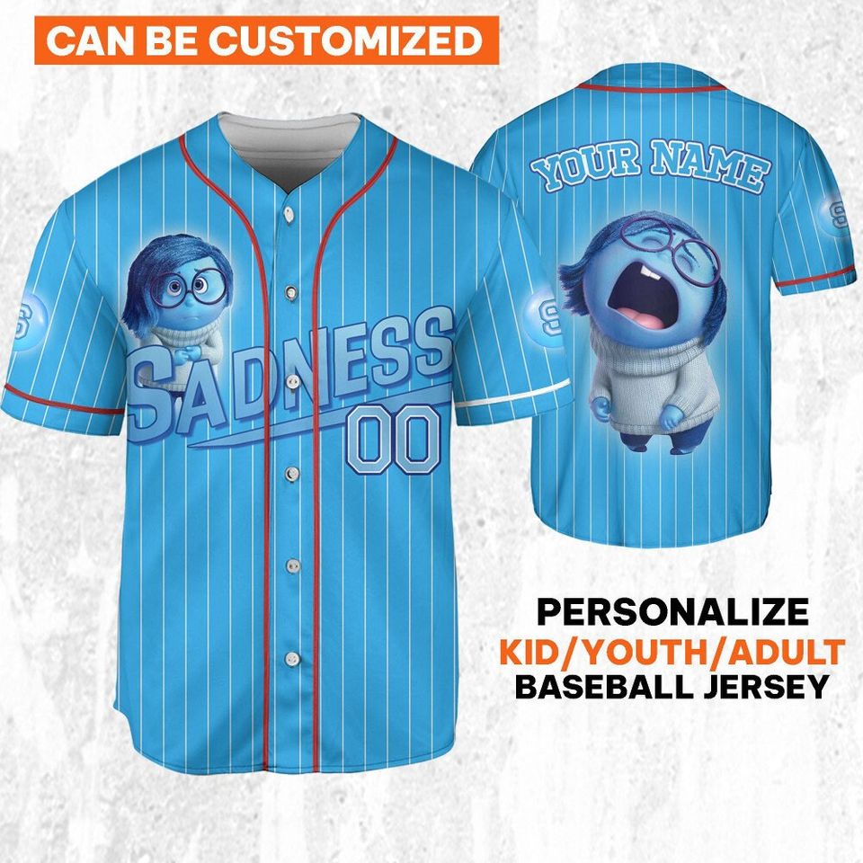 Custom Inside Out Sadness Blue Jersey, Disney Baseball Jersey Sports