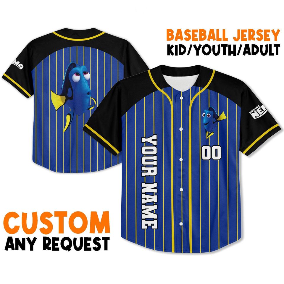 Personalize Finding Nemo Dory Blue Color Baseball Jersey, Disney Birthday Gift