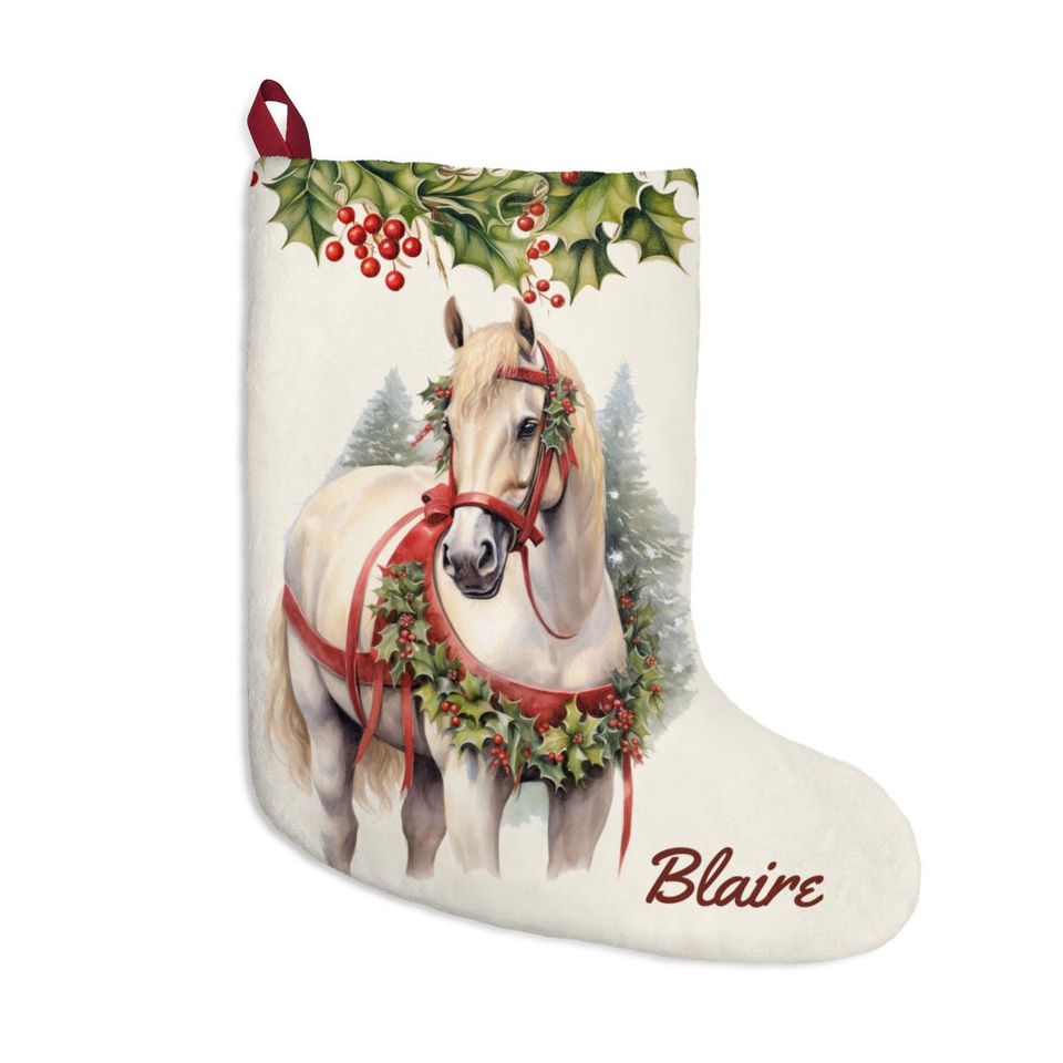 Personalized White Draft Horse Christmas Stocking Large Fleece Holiday Decor
