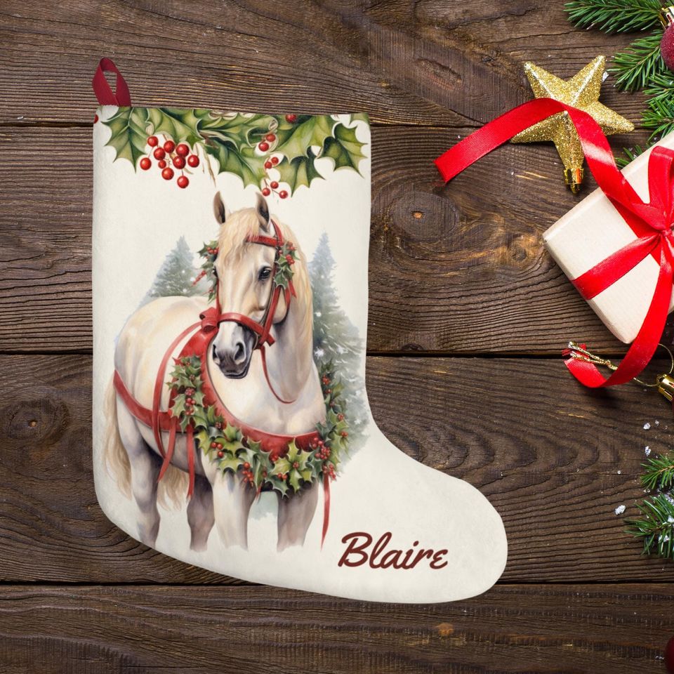Personalized White Draft Horse Christmas Stocking Large Fleece Holiday Decor
