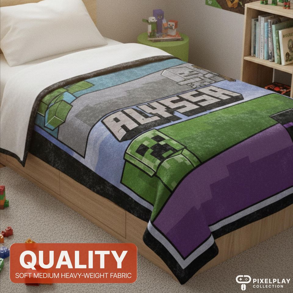 Custom Minecraft Fleece Blanket for Kids, Personalized Birthday Gift
