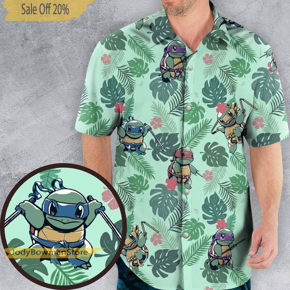 Ninja Squirtle Hawaiian Shirt, PKM Button Up Shirt