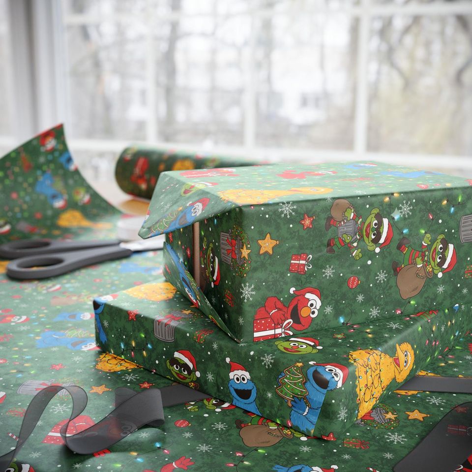 Sesame Street Characters Christmas Wrapping Paper | Holiday Pattern Roll