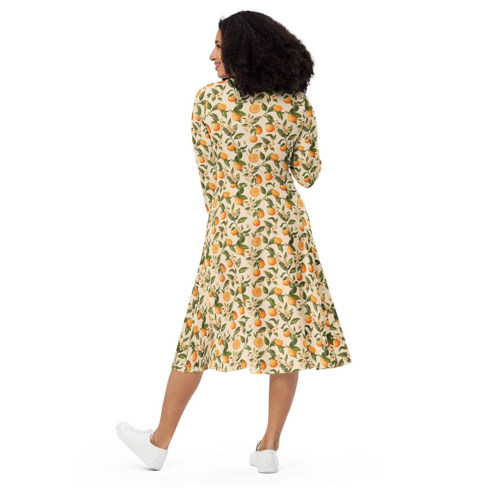 Orange Blossoms Long Sleeve Midi Dress for Women