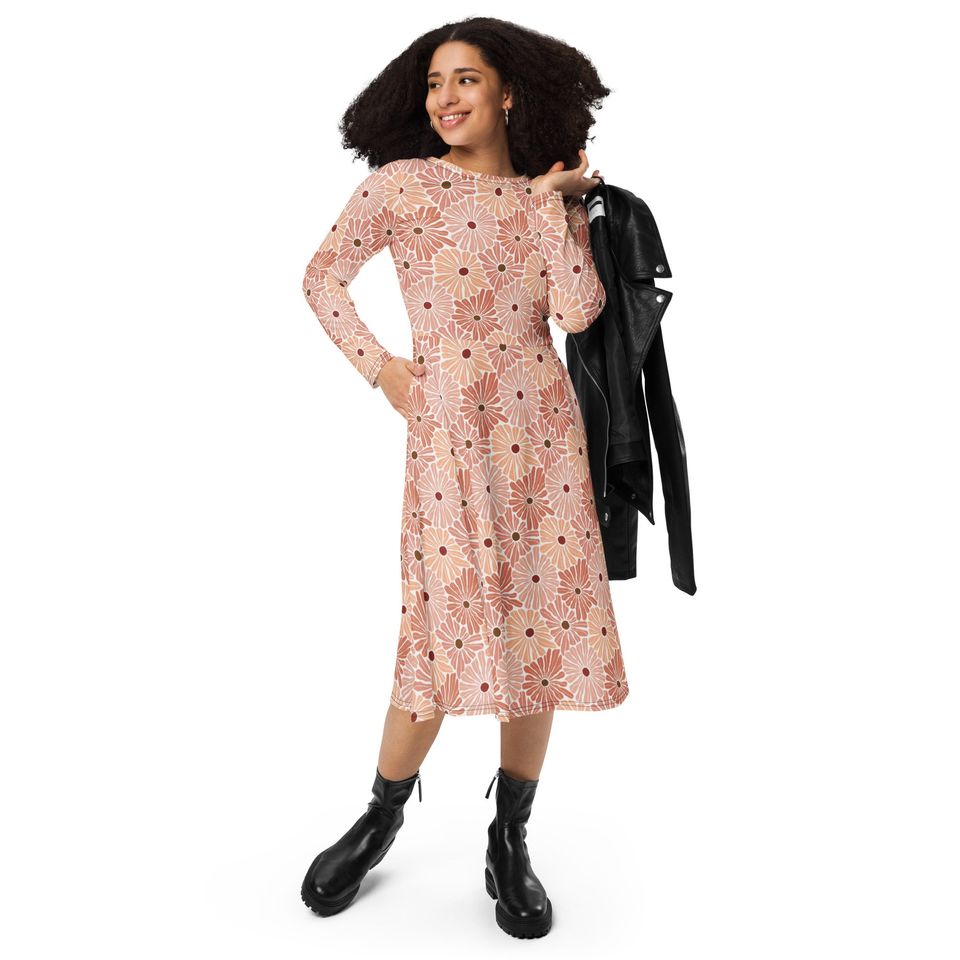 Discover Retro Floral Long-Sleeve Midi Dress, Boho Matisse Style