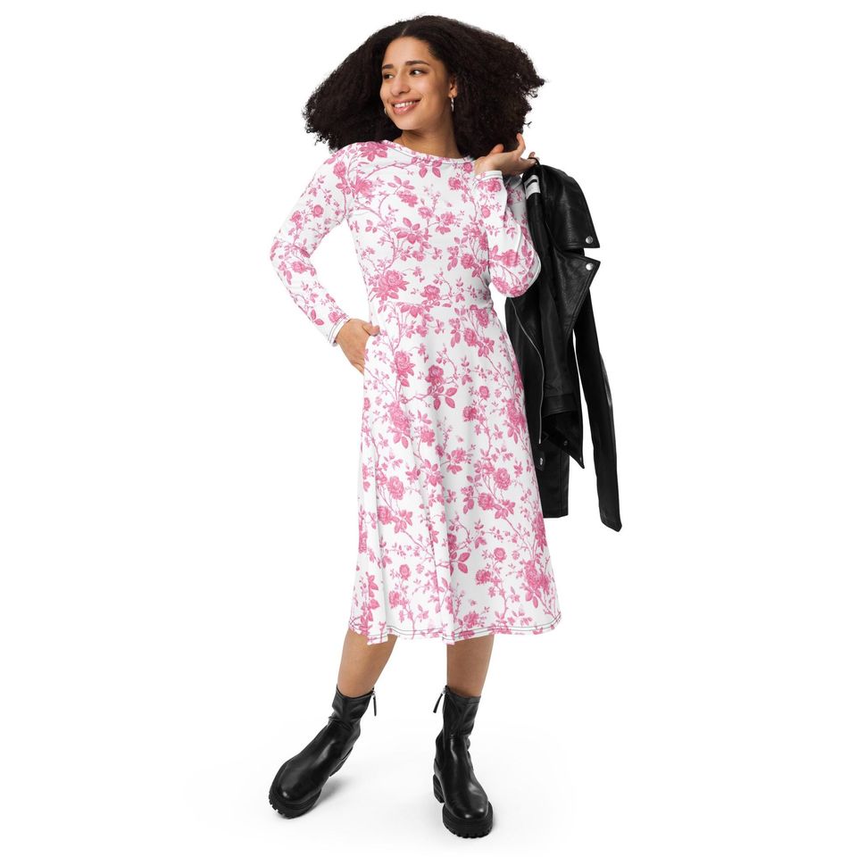 Discover Pink Floral Long-Sleeved Midi Dress for Women