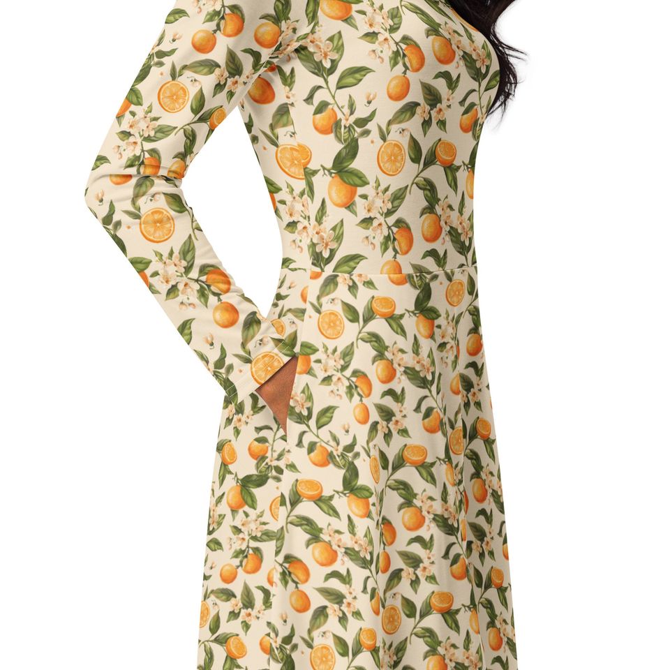 Orange Blossoms Long Sleeve Midi Dress for Women