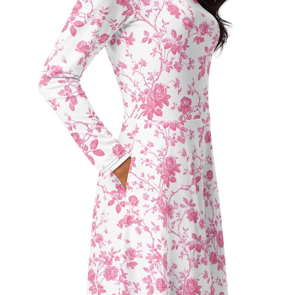 Pink Floral Long-Sleeved Midi Dress for Women