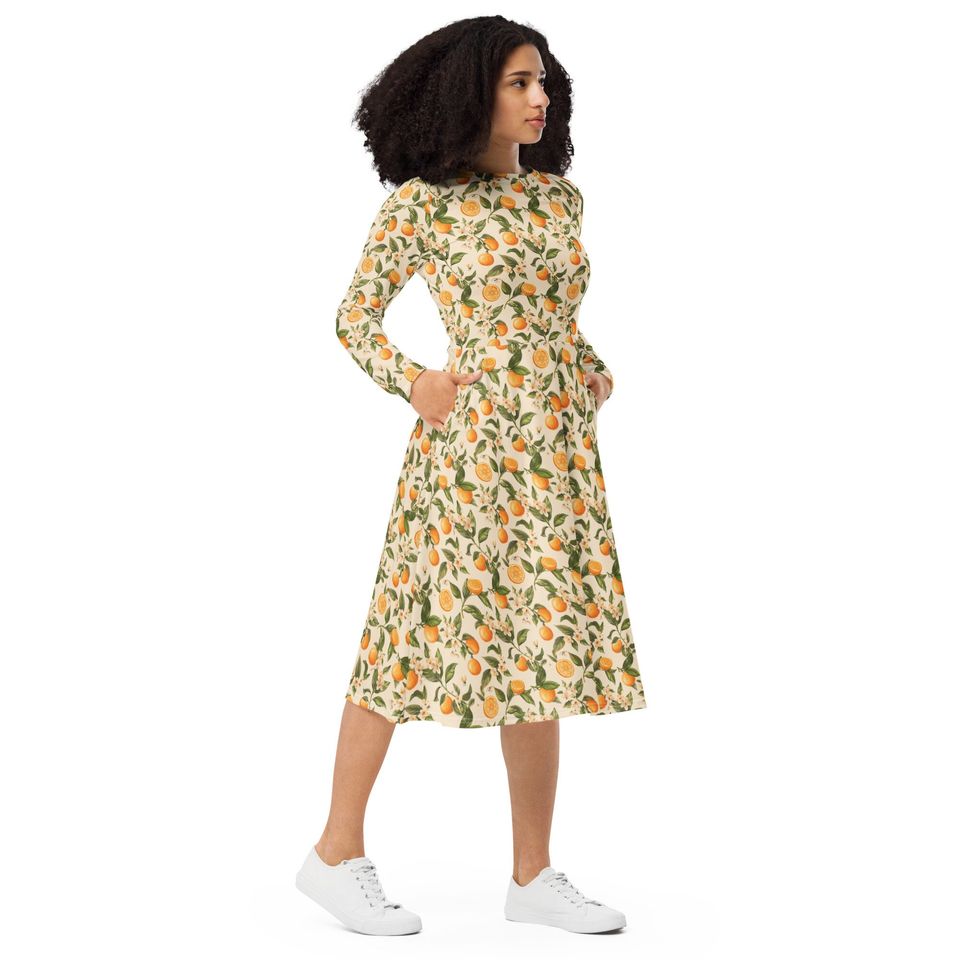 Orange Blossoms Long Sleeve Midi Dress for Women