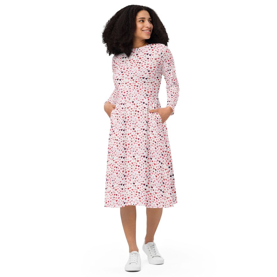 Discover Hearts Long Sleeve Midi Dress for Women, Valentine's Day Red and Pink Dress