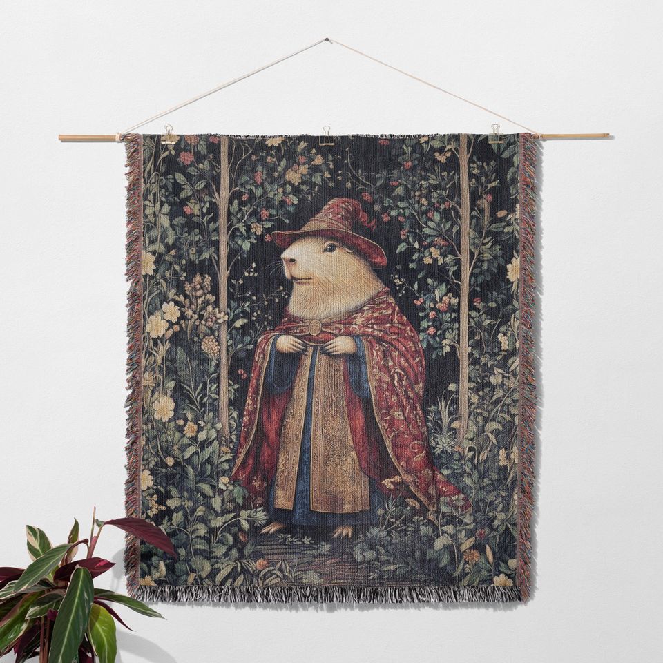 Wizard Capybara Woven Blanket, Capybara Lover Medieval Woven Throw, Magical Fantasy Home Decor Tapestry