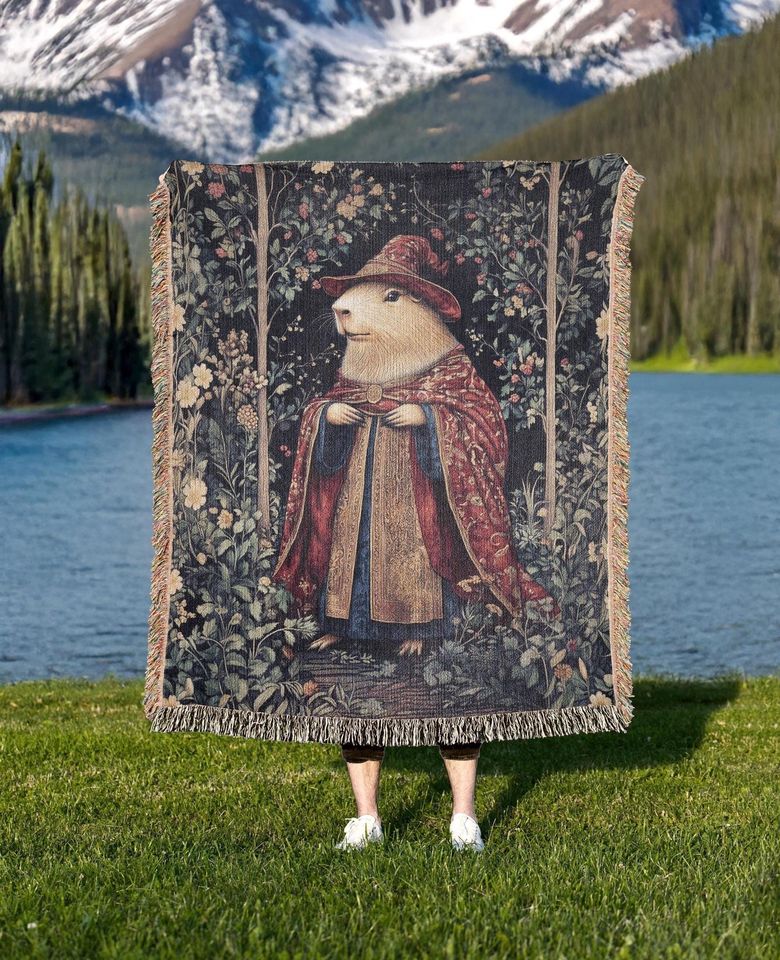 Wizard Capybara Woven Blanket, Capybara Lover Medieval Woven Throw, Magical Fantasy Home Decor Tapestry