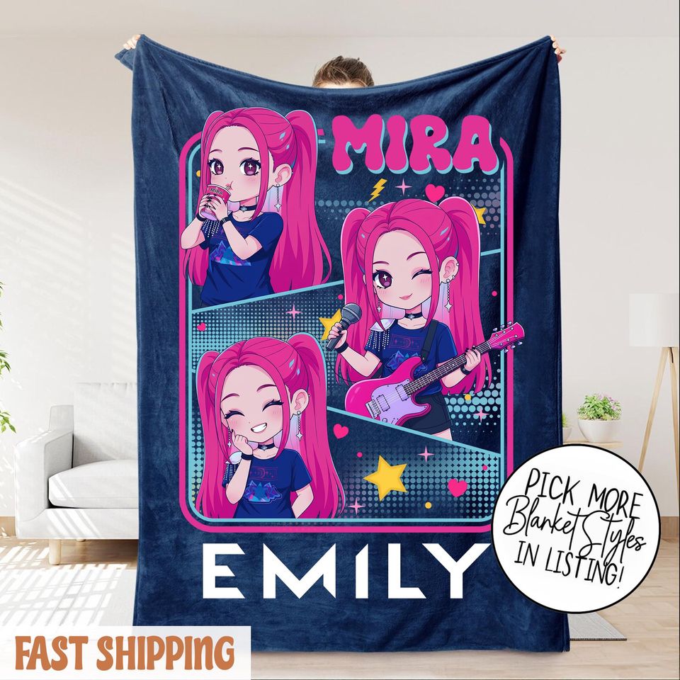 Personalized Mira Huntrix Girls Christmas Blanket  K-Pop Fantasy Xmas Cozy Throw