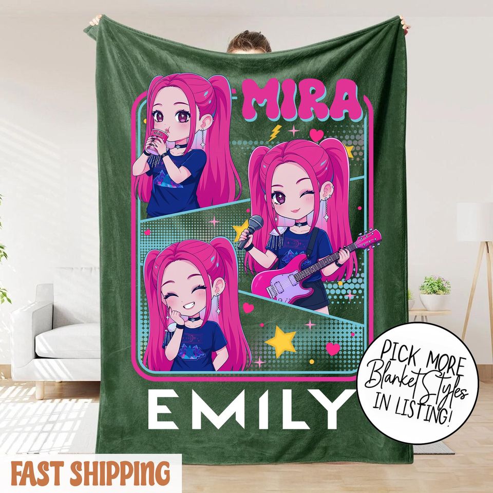 Personalized Mira Huntrix Girls Christmas Blanket  K-Pop Fantasy Xmas Cozy Throw
