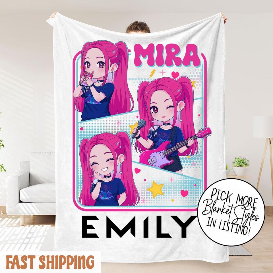 Personalized Mira Huntrix Girls Christmas Blanket  K-Pop Fantasy Xmas Cozy Throw