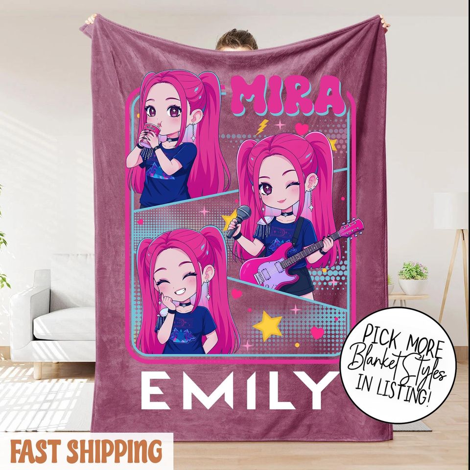 Personalized Mira Huntrix Girls Christmas Blanket  K-Pop Fantasy Xmas Cozy Throw