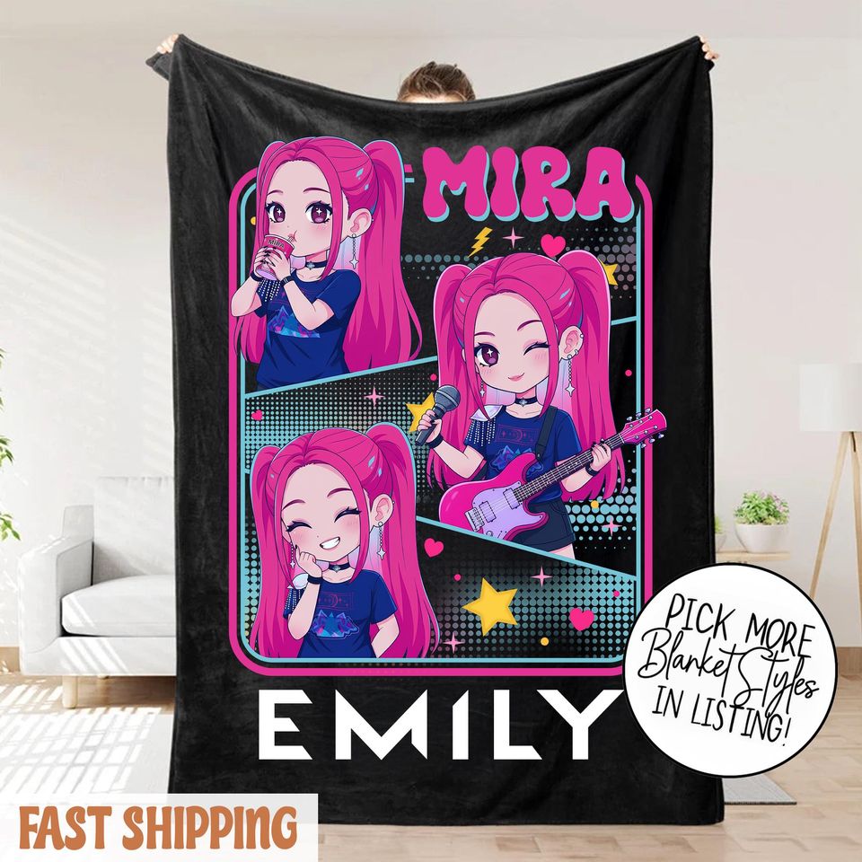 Personalized Mira Huntrix Girls Christmas Blanket  K-Pop Fantasy Xmas Cozy Throw
