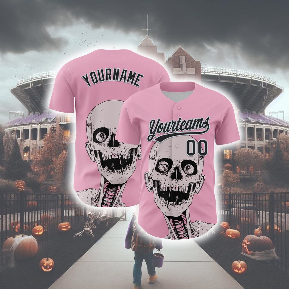 Personalized Halloween Horror Baseball Jersey, Custom Pink and Black Silver 3D Halloween Authentic Baseball Jersey