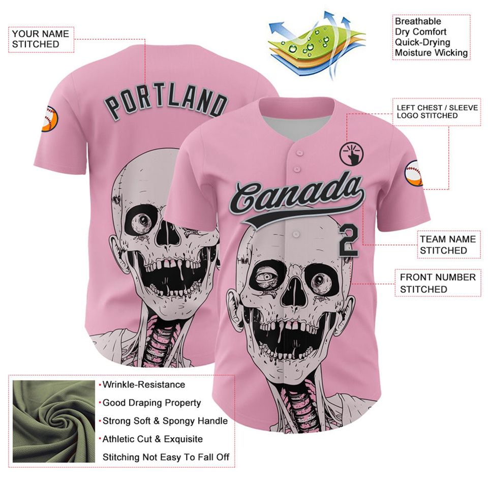 Personalized Halloween Horror Baseball Jersey, Custom Pink and Black Silver 3D Halloween Authentic Baseball Jersey