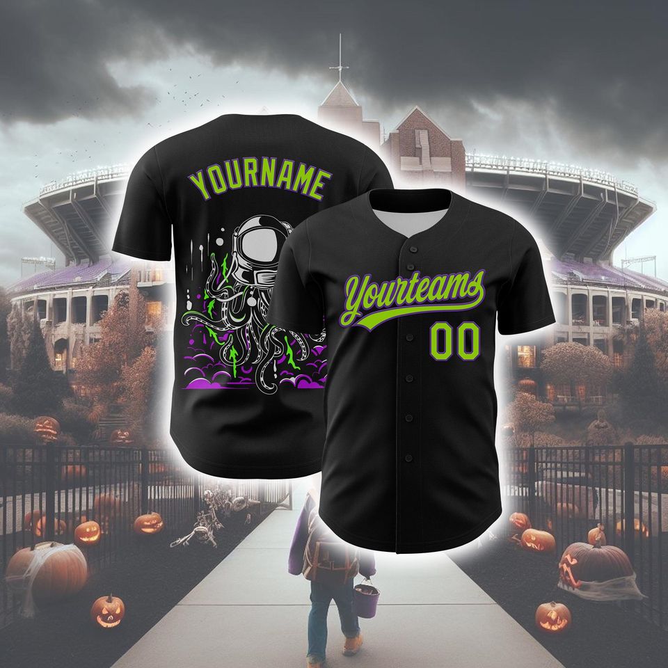 Custom Black Neon Green-purple 3d Halloween Baseball Jersey