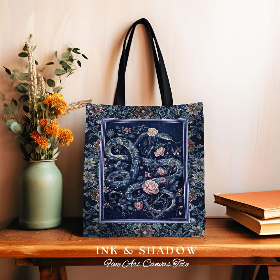 Midnight Blue Dark Floral Serpent Tote Whimsical Vintage Botanical Snake Tapestry Bag, Victorian Gothic Mystic Macabre Enchanted Forestcore