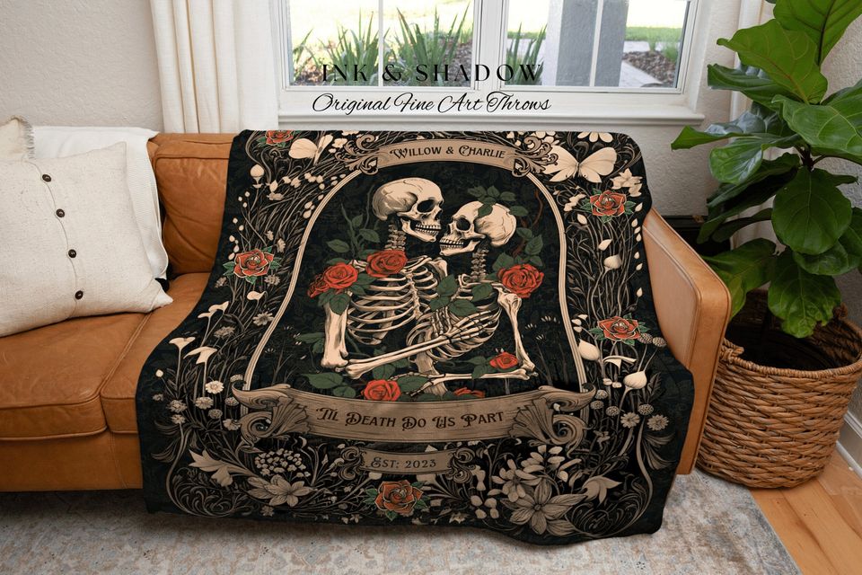 Dark Romantic Skeleton Blanket, Personalized Halloween Wedding Tapestry, His & Hers Anniversary Gift