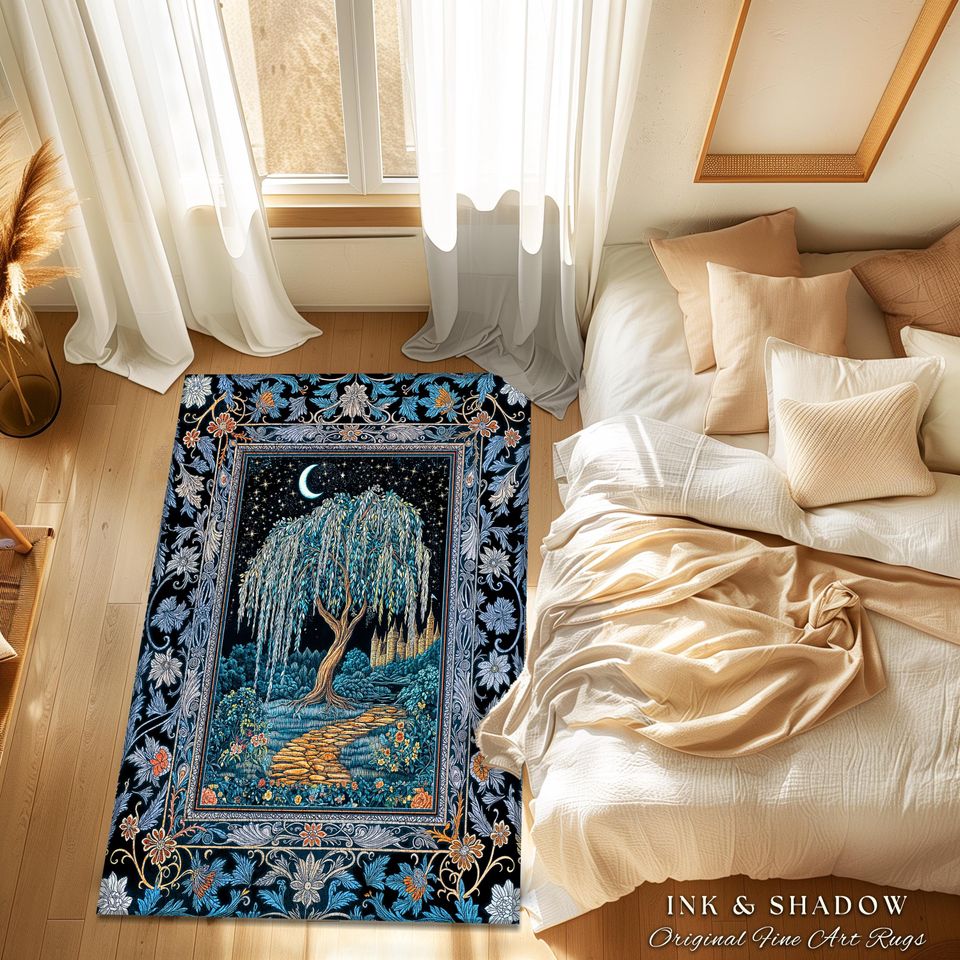 Crescent Moon Medieval Forest Rug | Weeping Willow Tree Fairytale Castle Garden Folklore Decor Celestial Home Accent Witchcore Aesthetic