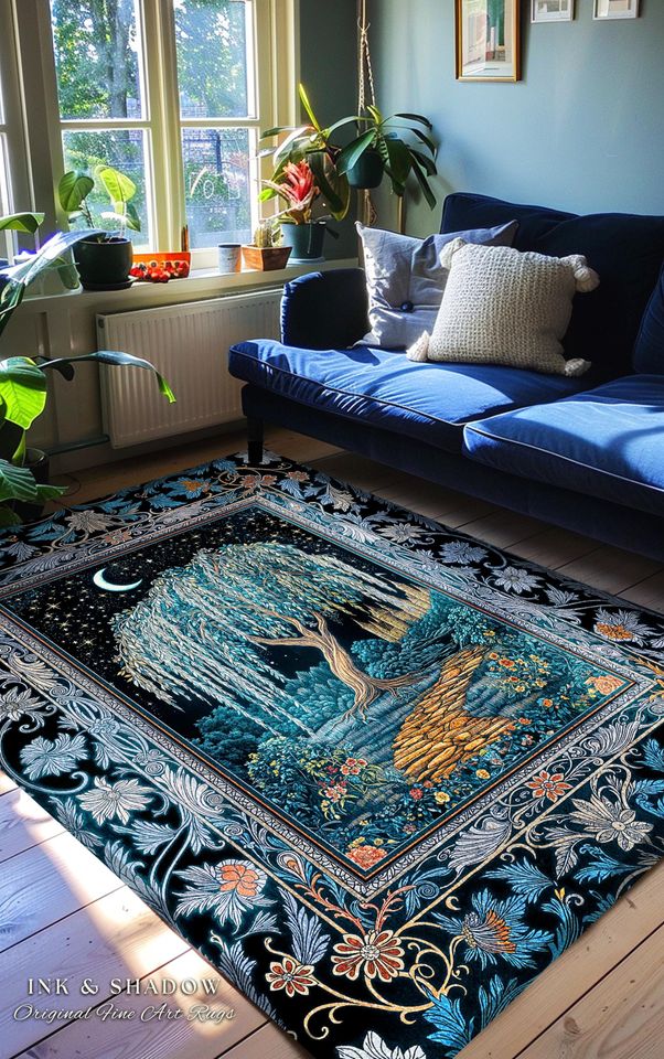Crescent Moon Medieval Forest Rug | Weeping Willow Tree Fairytale Castle Garden Folklore Decor Celestial Home Accent Witchcore Aesthetic