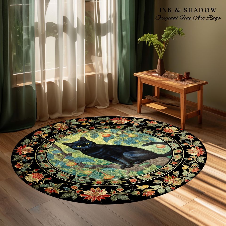 Dark Academia Black Cat Rug | Floral Bedroom Decor William Morris Inspired Cottagecore Reading Corner Rug Dark Fairycore Room Dark Woodland