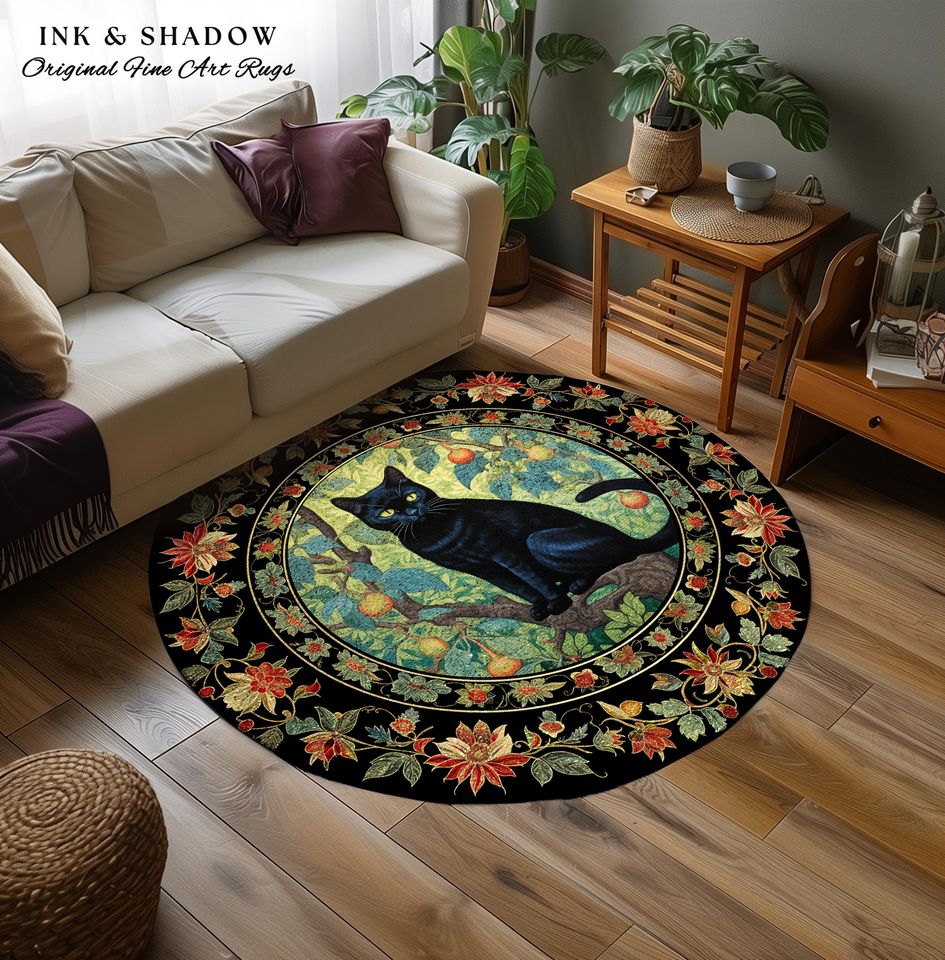Dark Academia Black Cat Rug | Floral Bedroom Decor William Morris Inspired Cottagecore Reading Corner Rug Dark Fairycore Room Dark Woodland