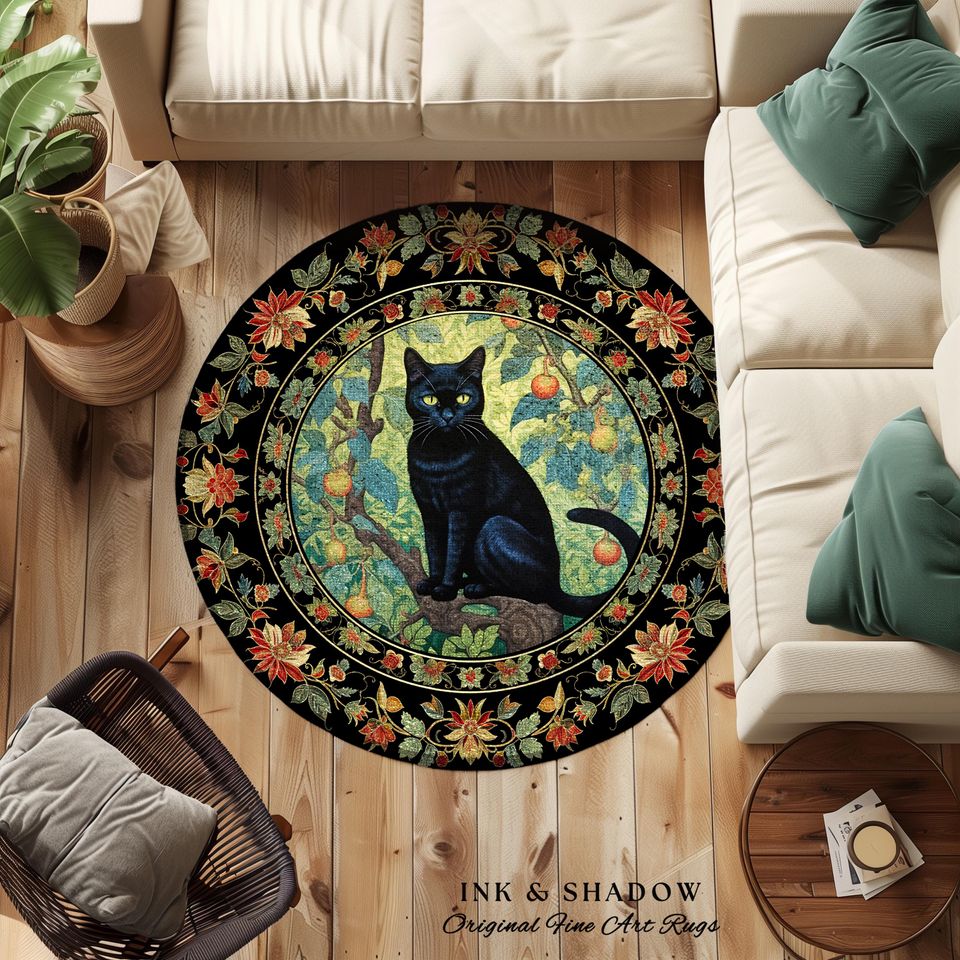 Dark Academia Black Cat Rug | Floral Bedroom Decor William Morris Inspired Cottagecore Reading Corner Rug Dark Fairycore Room Dark Woodland