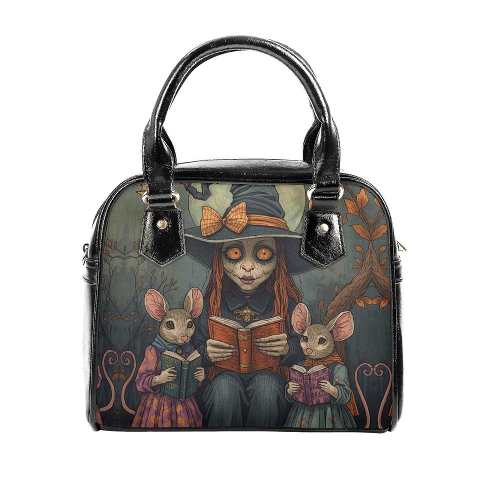 Whimsical Halloween Purse Satchel fun cute mice reading a book satchel messenger purse tote fun cute black shoulder handbag